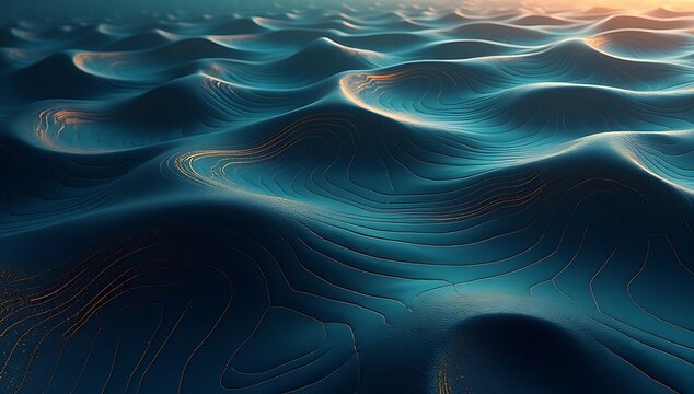 Abstract flowing blue and green waves with dark circular shapes in a modern digital pattern