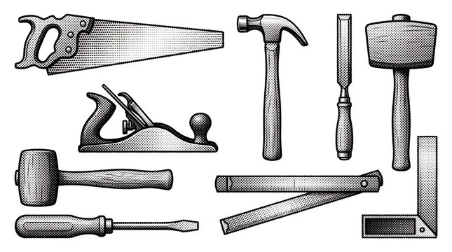 Carpentry and joinery tools set with halftone patterns for workshop maintenance and professional wood construction design.