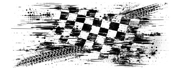 Fototapeta premium Distorted glitch grunge texture collection with racing flag, destroyed noise, distressed overlay, tire track patterns, speed lines, screen print effects and dynamic vector shapes