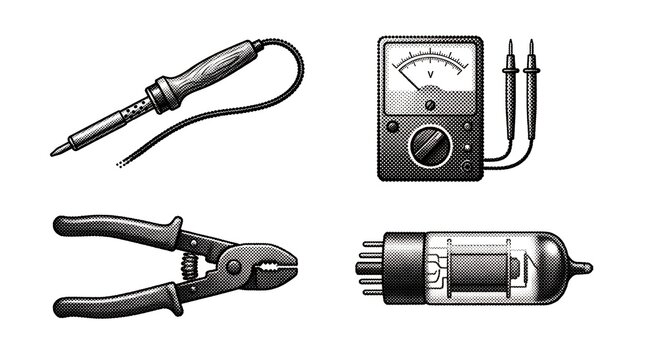 Electronics repair components including soldering iron and voltmeter in retro halftone art.