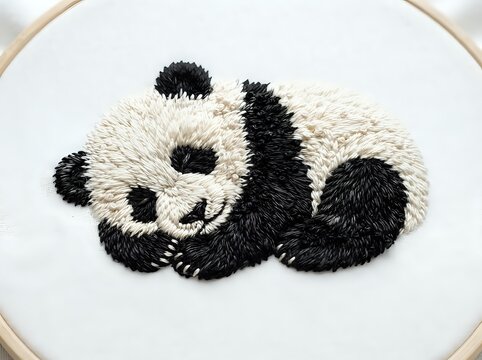 Cute panda character with raised paw embroidered in black and cream