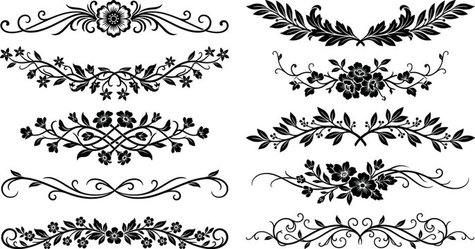 Set of elegant floral dividers and decorative flourishes for wedding stationery and professional page layout design