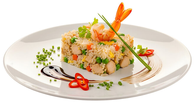 A beautifully plated fried rice dish with shrimp and colorful vegetables isolated on transparent background