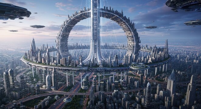 Futuristic circular city structure with tall central skyscraper and flying vehicles for advanced urban concept design.