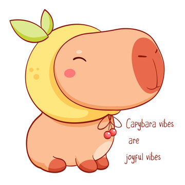 Capybara vibes are joyful vibes. Vector Card with positive phrase and little capybara in funny hat. Sweet baby animal in kawaii style. Can be used for t-shirt print, sticker, badge, greeting card