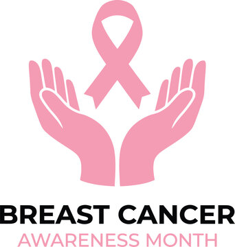 A conceptual illustration for breast cencer awarness month vector design featuring pink ribbon held by caring hands to support patients and medical research