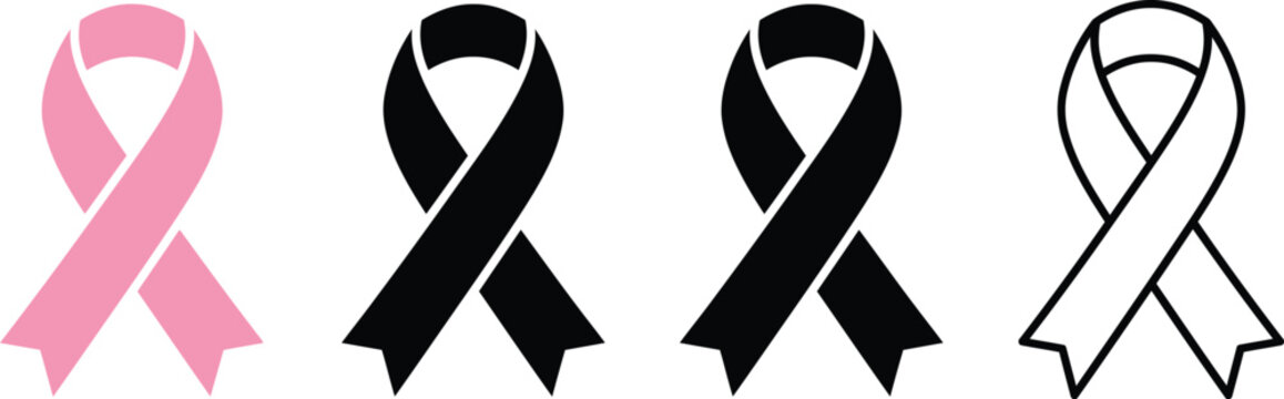 A collection of ribbon illustrations for brest cencer awarness month vector design elements featuring pink black and outline styles for medical support campaigns