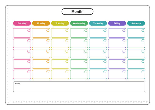 Colorful undated monthly planner template page with daily grid and notes section (A4 format) - design for printable planners, office stationery, and digital journal pages. EPS version.