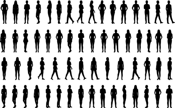 Vector silhouettes men and women, illustration. Silhouettes of young people posing in casual clothes. Transparent EPS version.