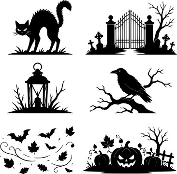 Set of spooky Halloween silhouette icons featuring black cat, cemetery gates, crow, lantern, bats, and pumpkins - design for party decorations, festive greeting cards, and vinyl decals. EPS version.