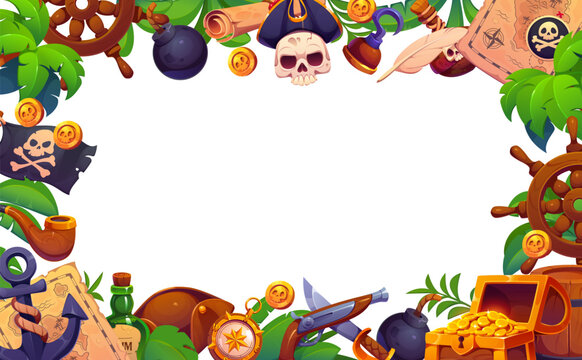 Pirate frame banner with Caribbean corsair treasures and sailing equipment. Cartoon background with frame of pirate sailor or captain skull and ship anchor with Jolly Roger flag and musket guns