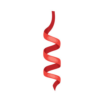 Christmas red curly streamer ribbon holiday decoration. Cartoon long spiral twist flowing smoothly. Falling festive confetti. Isolated shiny and glossy serpentine element for New Year celebration