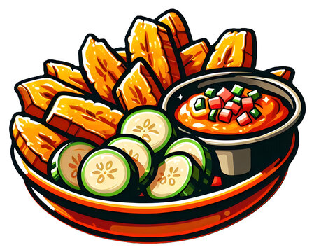 Fried plantains with sliced cucumbers and spicy salsa dip in a bowl