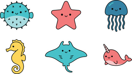 Naklejka premium Cute sea creatures icon set featuring kawaii style ocean animals pufferfish starfish jellyfish seahorse stingray and narwhal
