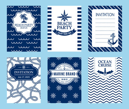 Marine nautical invites. Invitation card templates with rope borders, anchors, waves, lighthouses and classic blue white sea color for beach party, ocean cruise, summer event, seaside wedding, travel