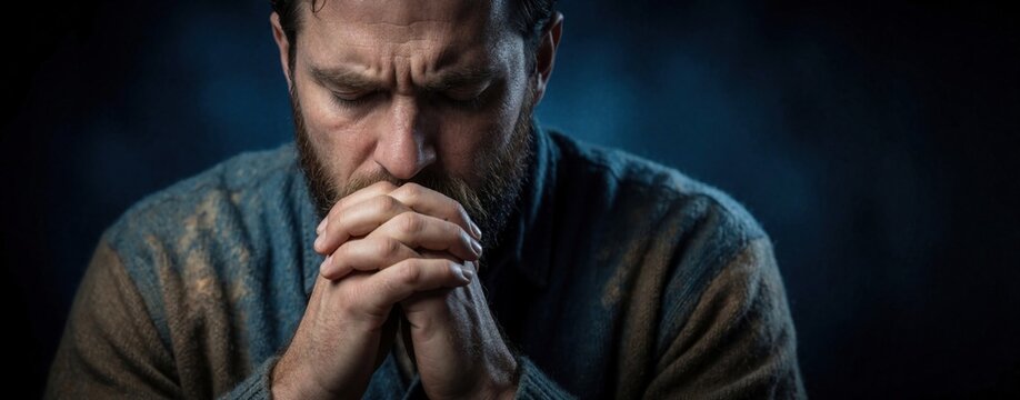 Bearded man folds hands eyes closed indoors. He appears worried, deep in thought, possibly praying or meditating. Dark moody lighting sets a solemn atmosphere.