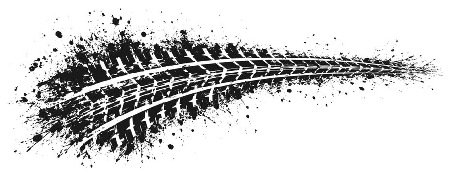Car tire tread track vector, textured rubber wheel print with mud splash, grunge distress, rough road mark, dirty racing trail and off road design element