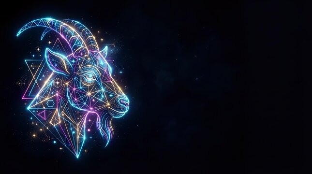 Neon glowing goat head with geometric wireframe