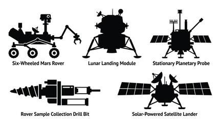 Collection of space exploration vehicle silhouettes including a mars rover, lunar module, planetary probe, drill bit, and satellite © rina