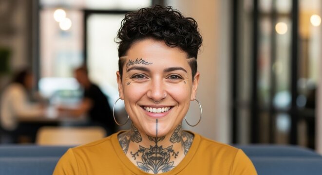 Portrait of a smiling person with short curly hair, facial tattoos, and neck tattoos in a modern cafe setting