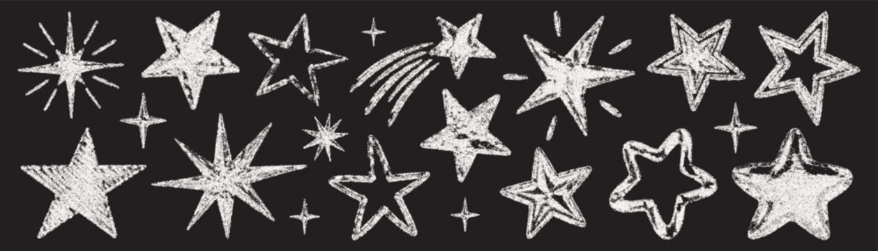 Collection of decorative stars and comets with stippling, grainy and rough ink texture. Doodle stars. Celestial elements in a halftone grunge style. Stippling effect and collage style. Vector
