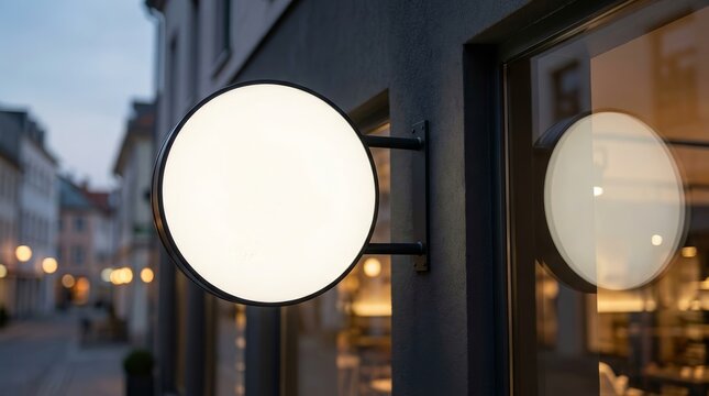 Blank white circular light box hanging on a dark building wall near a storefront window.