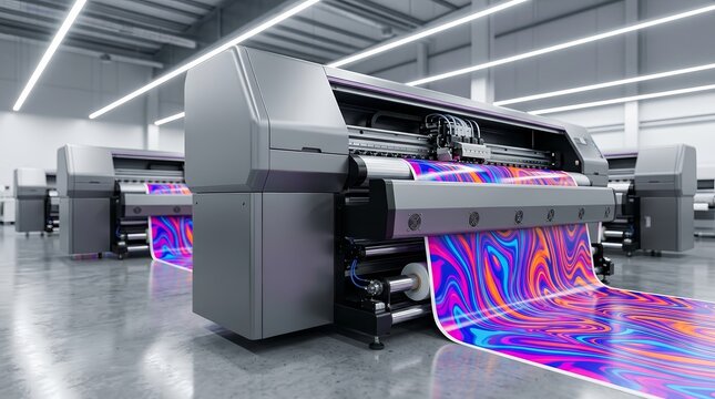 Modern industrial printing machines producing colorful sheets in a high-tech facility.