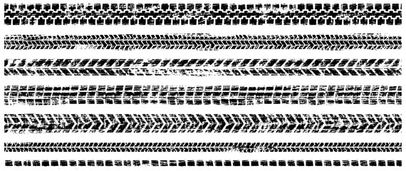 Fototapeta na wymiar Grunge tyre tread seamless pattern with tire tracks, wheel marks, distressed car trail texture and rough automotive racing background. Vector illustration