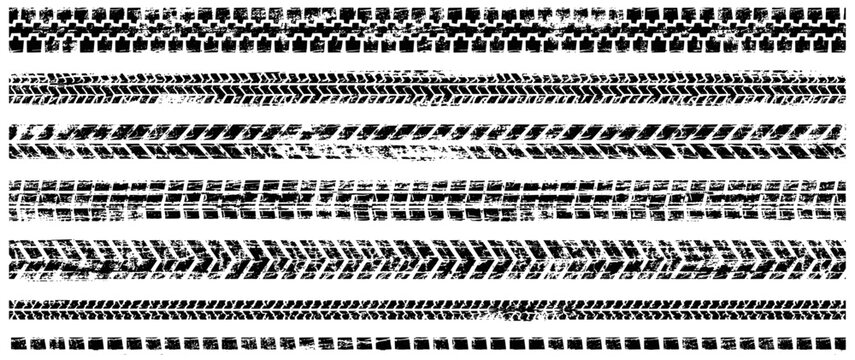 Grunge tyre tread seamless pattern with tire tracks, wheel marks, distressed car trail texture and rough automotive racing background. Vector illustration