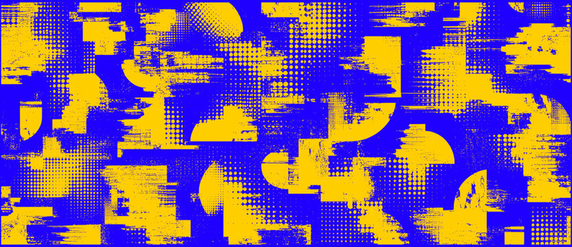 Glitch grunge abstract forms with halftone dots, seamless distressed pattern, distorted vector shapes, screen print texture, rough noise and splatter background, vector illustration