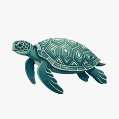 Fototapeta premium Sleek Green Sea Turtle with Intricate Shell Pattern Swimming Gracefully in Minimalist Art Style