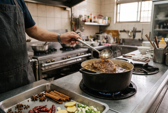 Slow cooking traditional Taiwanese beef noodle soup broth with spices on gas stove by authentic cook