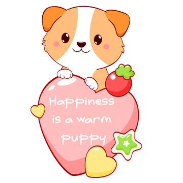 Happiness is a warm puppy. Kawaii puppy sticker with quotes about love, devotion. Cute  dog  print, Cutecore Digital Journaling Clipart. For scrapbooking, planner,  sweet aesthetic label, tag, badge