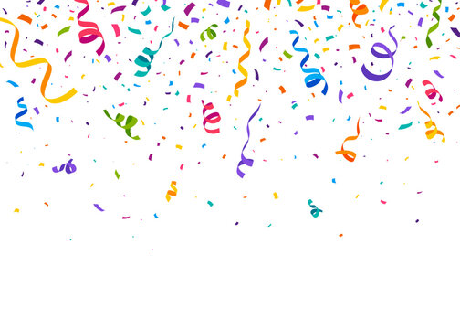 Cartoon carnival confetti ribbons background for birthday party, anniversary and fiesta event bg. Fair carnival confetti or festive falling color paper streamer firework explosion for gift surprise