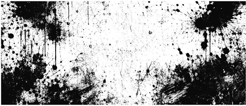 Black ink splatter grunge background with dust, grain, noise and distressed paint overlay, rough vector texture for posters, branding, print, urban and vintage design