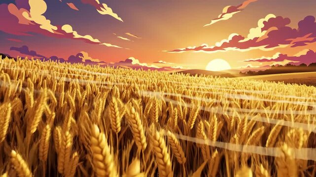 Golden wheat field landscape under a beautiful sunset sky with clouds.