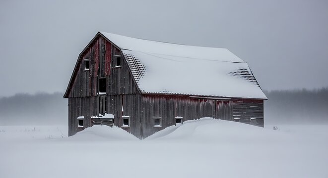Snow covered barn in winter landscape
