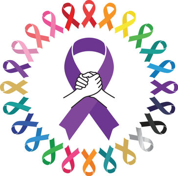 A colorful circle of awareness ribbons surrounding a purple ribbon with hands representing the important brest cencer awarness month vector graphic design illustration
