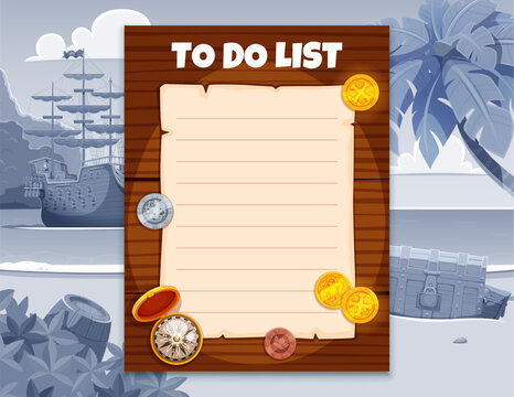 To do list or paper sheet task planning and memo note with pirate treasure and corsair sailboat. To do list with frame of pirate ship on Caribbean island in sea or ocean for checklist planner