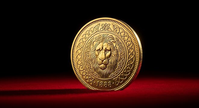 Gold coin featuring lion with celtic design on red velvet