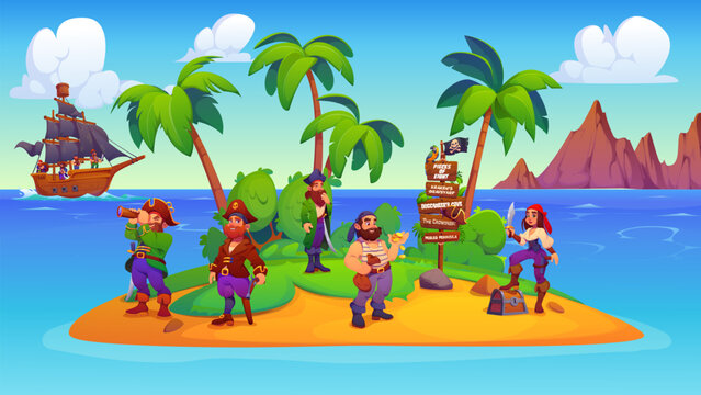 Cartoon pirate characters and corsairs ship crew on Caribbean island treasure chest. Pirate characters with sailboat ship in sea or ocean, sailor captain with spyglass and woman skipper with dagger
