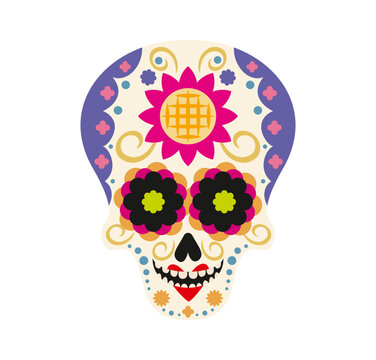 Colorful Mexican sugar skull decorated with floral ornaments, geometric details and traditional Day of the Dead patterns. Vibrant calavera skull for Dia de los Muertos decorations and greeting cards