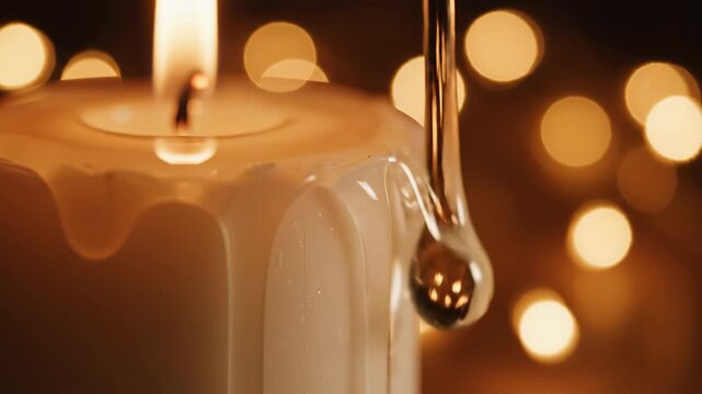 A single white candle burning with a glowing flame and melting wax dripping down.