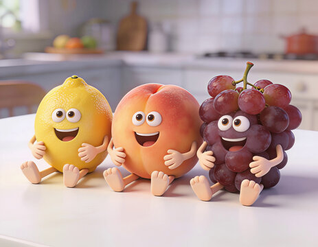 Three fruits with simple cartoon expressions standing together as playful symbols of freshness, wellness and natural healthy living, friendly companions for children