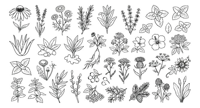 Vintage botanical herbs and medicinal plants collection, hand drawn floral line art set, black and white garden greenery vector illustrations
