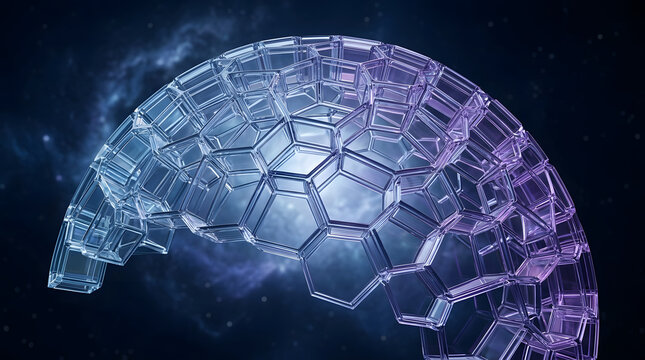 Futuristic transparent hexagonal dome shield structure against deep space background with sci