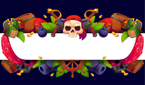 Cartoon pirate banner with frame of corsair or captain sailor skull of Jolly Roger in octopus tentacles. Caribbean pirates banner with ship helm wheel and anchor, rum bottles and barrels or weapons