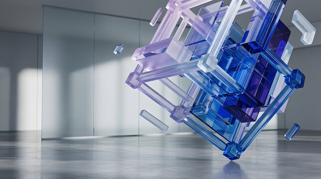 Futuristic geometric glass cube structure floating in a minimalist modern interior with futuristic