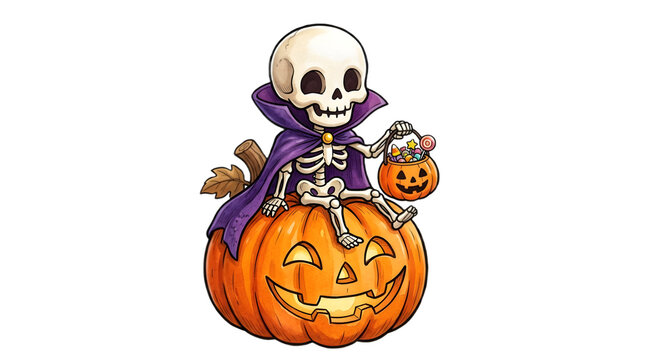 Cute cartoon skeleton in a purple cape sitting on a glowing jack-o-lantern holding a candy bucket perfect for Halloween designs