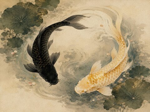 Elegant Black and Gold Koi Fish Swimming in Lotus Water Traditional Asian Ink Wash Painting